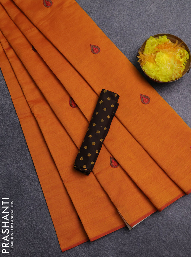 Semi silk cotton saree orange and brown shade with embroidery buttas in borderless style