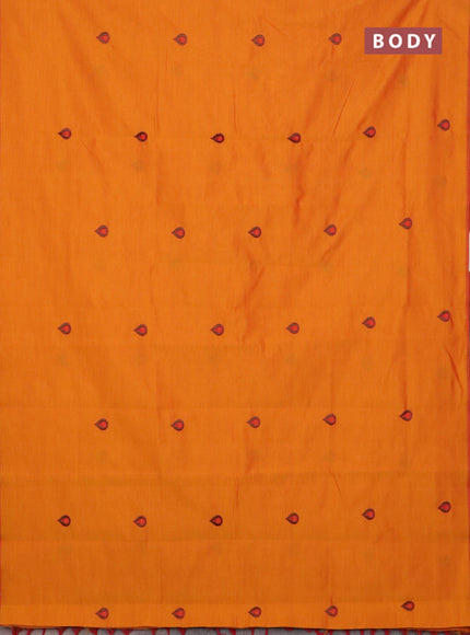 Semi silk cotton saree orange and brown shade with embroidery buttas in borderless style