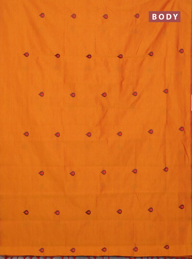 Semi silk cotton saree orange and brown shade with embroidery buttas in borderless style