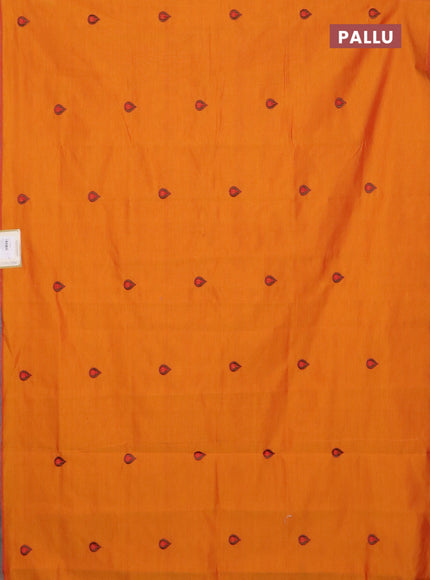 Semi silk cotton saree orange and brown shade with embroidery buttas in borderless style