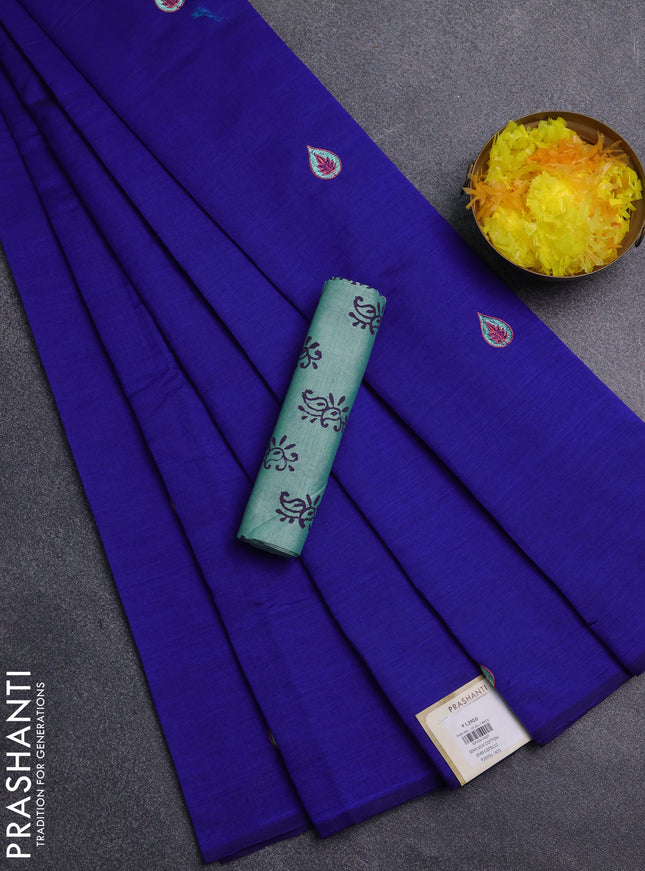 Semi silk cotton saree blue and teal shade with embroidery buttas in borderless style
