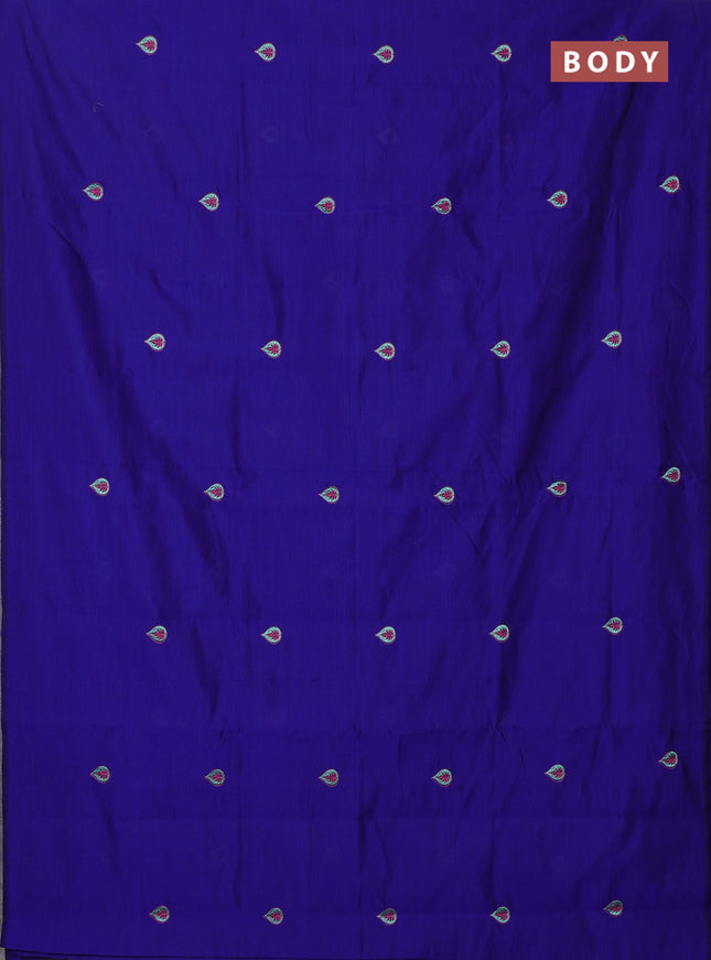 Semi silk cotton saree blue and teal shade with embroidery buttas in borderless style
