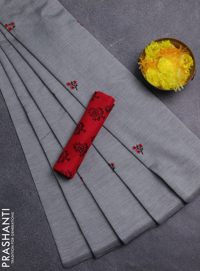Semi silk cotton saree grey and red with embroidery buttas in borderless style