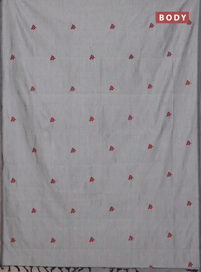 Semi silk cotton saree grey and red with embroidery buttas in borderless style