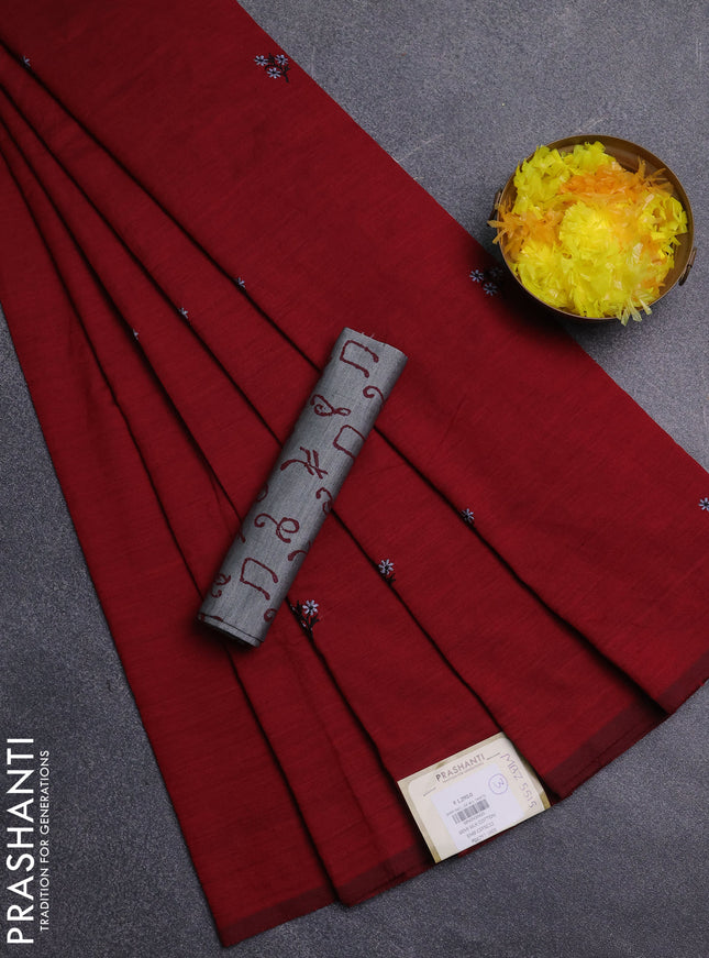 Semi silk cotton saree maroon and grey with embroidery buttas in borderless style