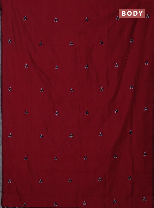 Semi silk cotton saree maroon and grey with embroidery buttas in borderless style