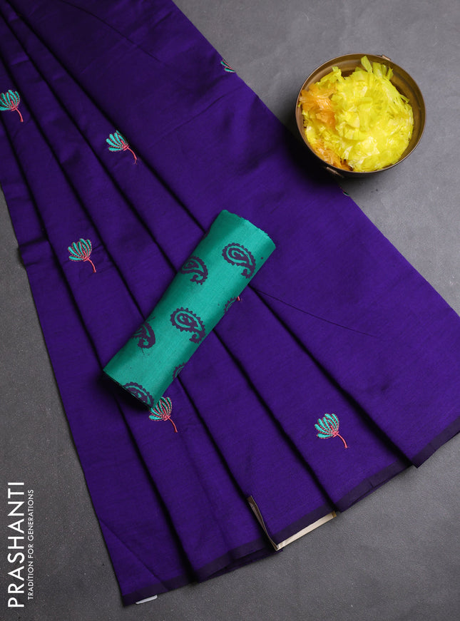 Semi silk cotton saree violet and teal green with embroidery buttas in borderless style
