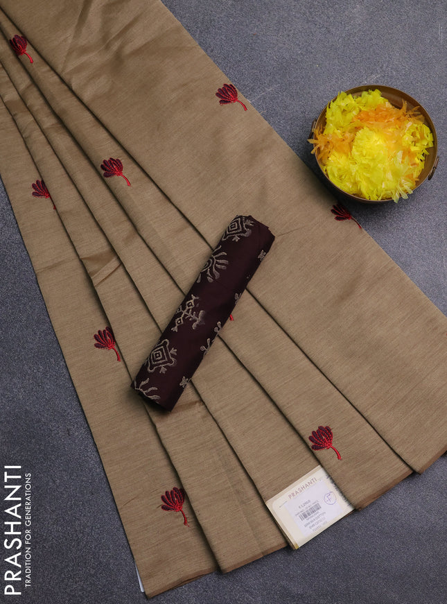 Semi silk cotton saree sandal and coffee brown with embroidery buttas in borderless style