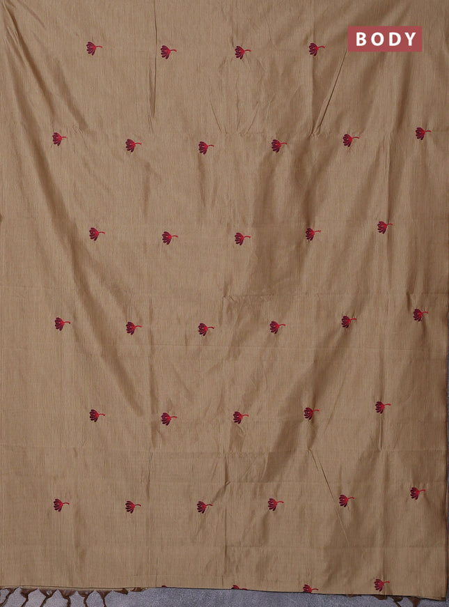 Semi silk cotton saree sandal and coffee brown with embroidery buttas in borderless style