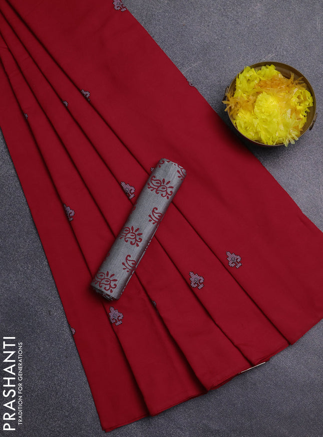 Semi silk cotton saree red and grey with embroidery buttas in borderless style