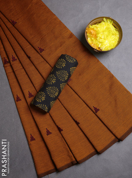 Semi silk cotton saree dark mustard and black with embroidery buttas in borderless style
