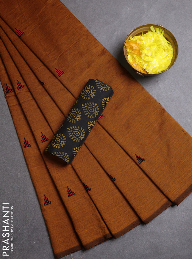 Semi silk cotton saree dark mustard and black with embroidery buttas in borderless style