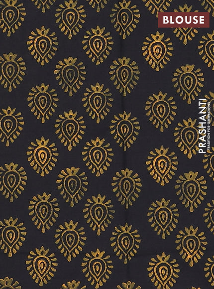 Semi silk cotton saree dark mustard and black with embroidery buttas in borderless style