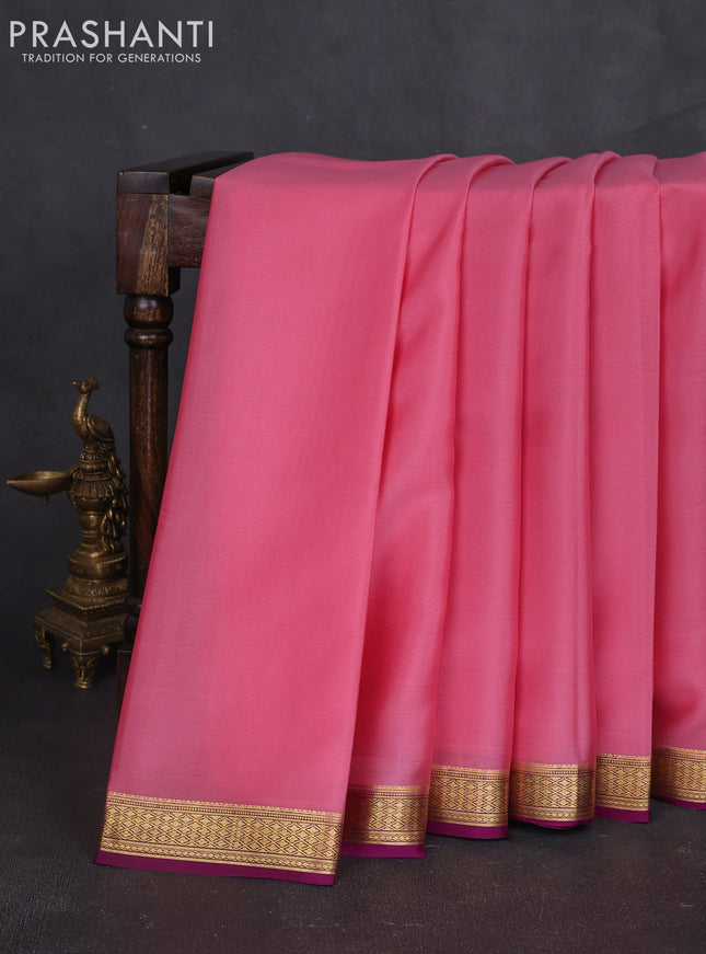 Pure mysore silk sareee light pink and purple with plain body and zari woven border