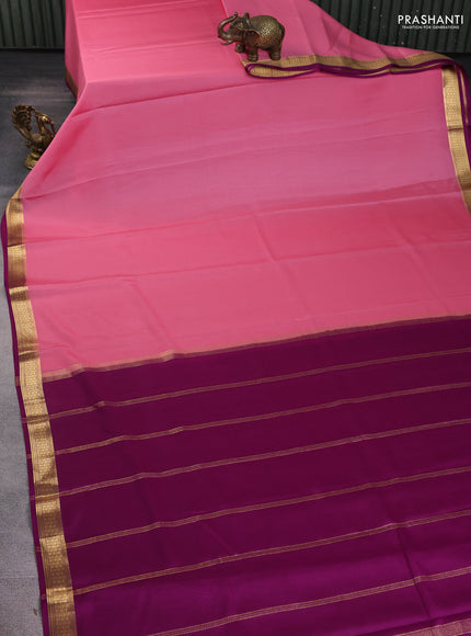 Pure mysore silk sareee light pink and purple with plain body and zari woven border