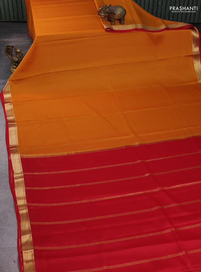 Pure mysore silk sareee dark mustard and red with plain body and zari woven border
