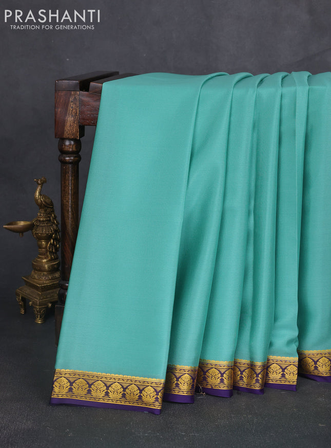 Pure mysore silk sareee pastel green shade and violet shade with plain body and zari woven border