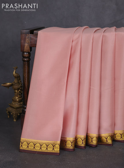 Pure mysore silk sareee pastel peach and coffee brown with plain body and zari woven border
