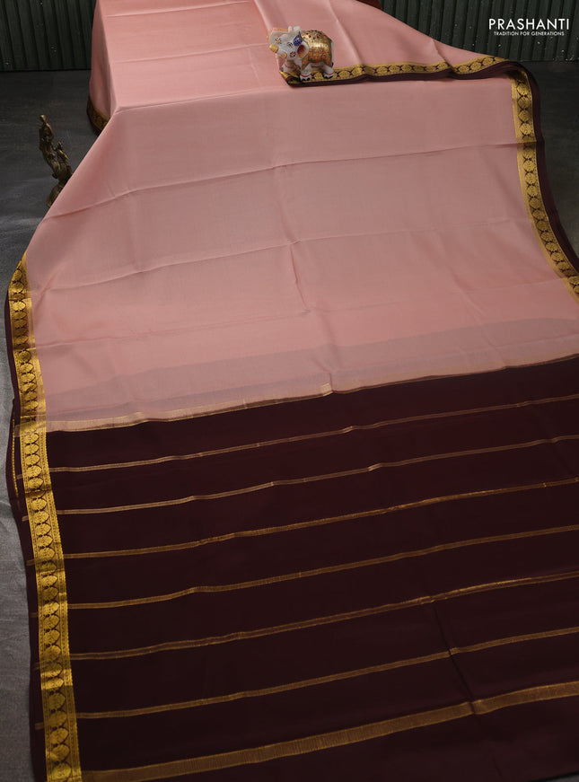 Pure mysore silk sareee pastel peach and coffee brown with plain body and zari woven border