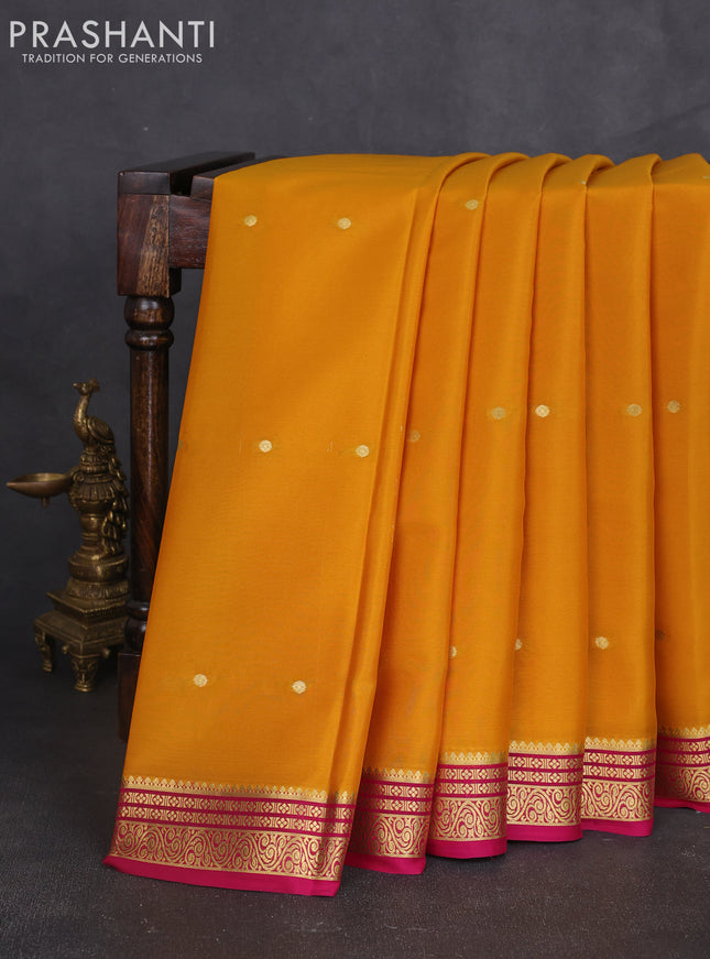 Pure mysore silk sareee mustard yellow and pink with zari woven buttas and zari woven border