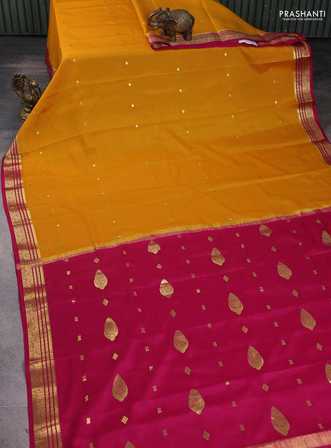 Pure mysore silk sareee mustard yellow and pink with zari woven buttas and zari woven border