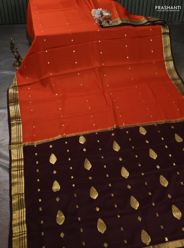 Pure mysore silk sareee rust shade and coffee brown with zari woven buttas and zari woven border