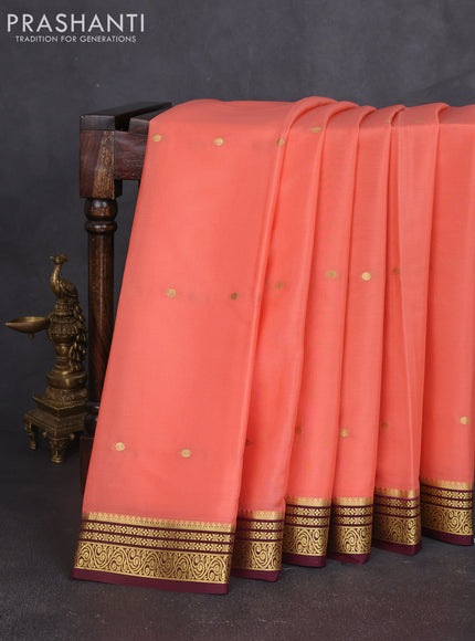 Pure mysore silk sareee peach shade and coffee brown with zari woven buttas and zari woven border