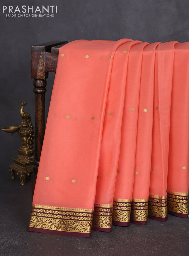 Pure mysore silk sareee peach shade and coffee brown with zari woven buttas and zari woven border