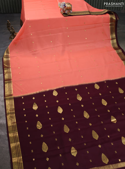 Pure mysore silk sareee peach shade and coffee brown with zari woven buttas and zari woven border