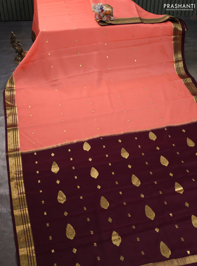 Pure mysore silk sareee peach shade and coffee brown with zari woven buttas and zari woven border
