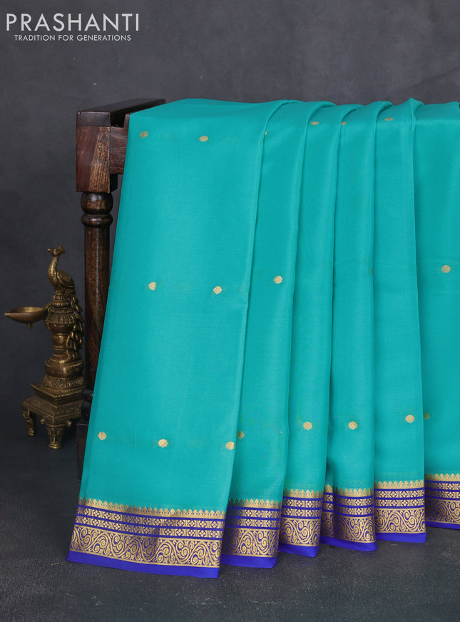 Pure mysore silk sareee teal blue and royal blue with zari woven buttas and zari woven border