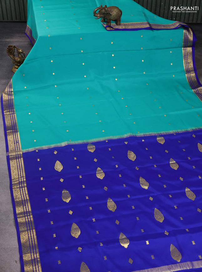 Pure mysore silk sareee teal blue and royal blue with zari woven buttas and zari woven border