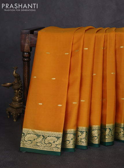 Pure mysore silk sareee mustard yellow and bottle green with zari woven buttas and zari woven border