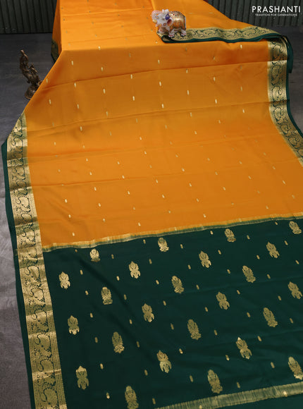 Pure mysore silk sareee mustard yellow and bottle green with zari woven buttas and zari woven border