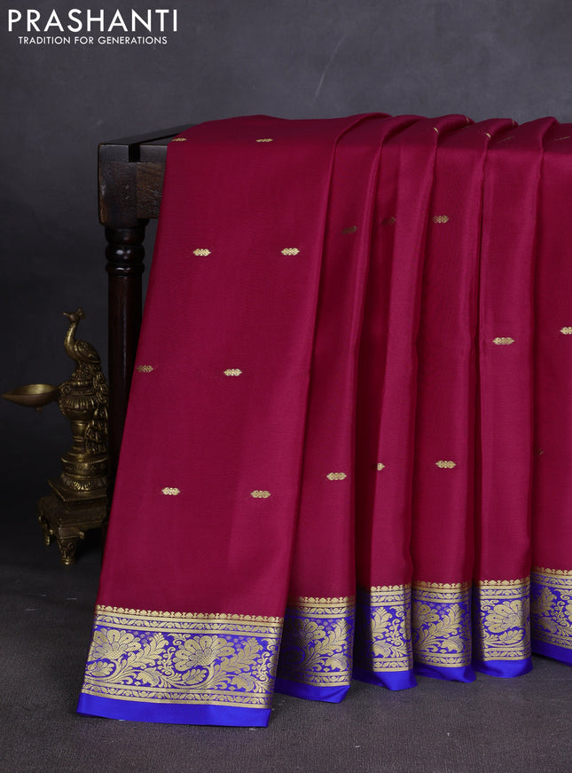 Pure mysore silk sareee dark pink and blue with zari woven buttas and zari woven border