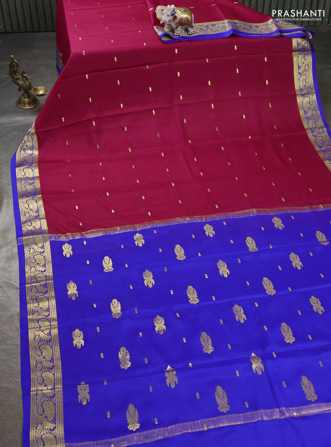 Pure mysore silk sareee dark pink and blue with zari woven buttas and zari woven border