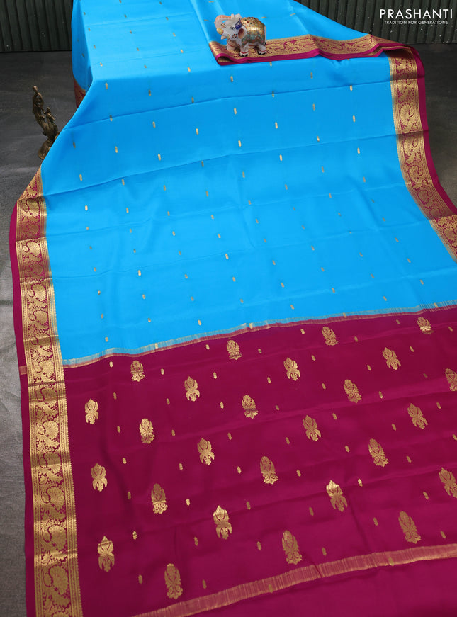 Pure mysore silk sareee light blue and magenta pink with zari woven buttas and zari woven border