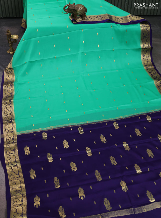 Pure mysore silk sareee teal green and navy blue with zari woven buttas and zari woven border