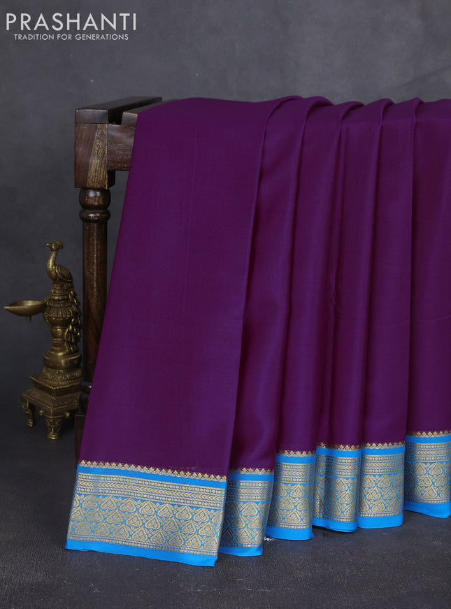 Pure mysore silk sareee purple and cs blue with plain body and zari woven border