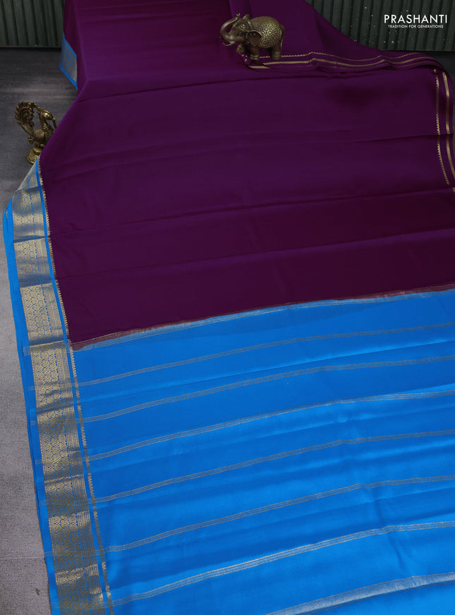 Pure mysore silk sareee purple and cs blue with plain body and zari woven border