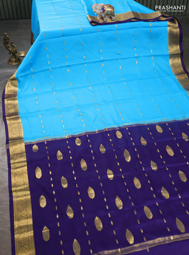 Pure mysore silk sareee light blue and dark blue with zari woven buttas and zari woven border