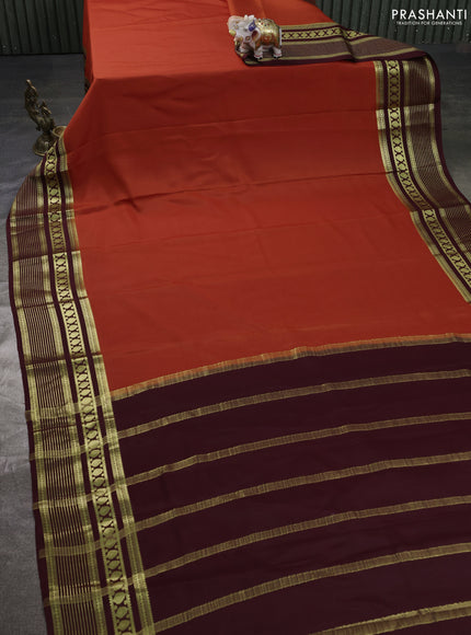 Pure mysore silk sareee rust shade and coffee brown with plain body and zari woven border