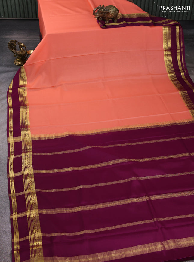Pure mysore silk sareee peach shade and wine shade with plain body and rettapet zari woven border