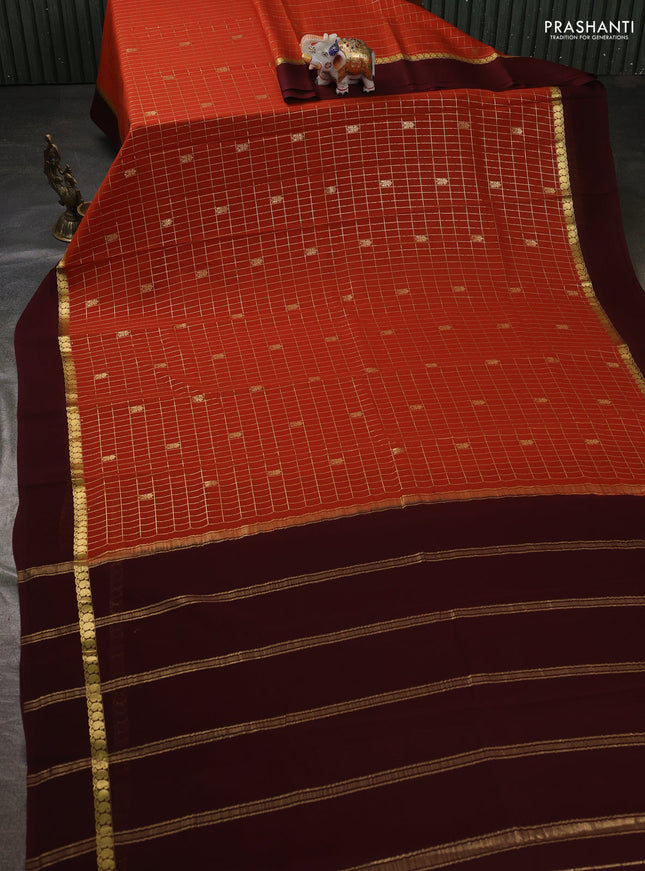 Pure mysore silk sareee rust shade and coffee brown with allover zari checks & buttas and zari woven simple border