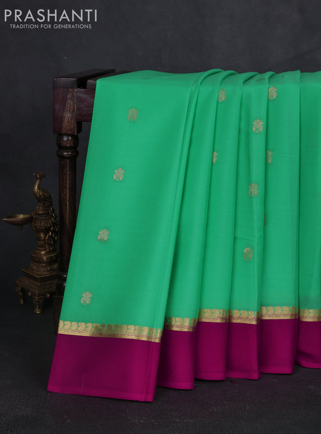 Pure mysore silk sareee teal green shade and dark pink with zari woven buttas and zari woven simple border