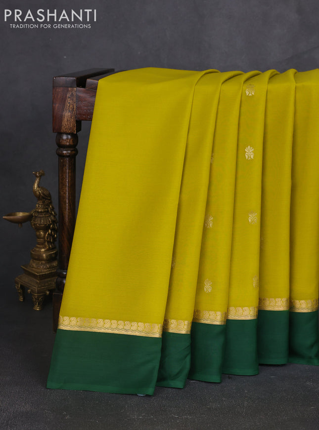 Pure mysore silk sareee lime yellow and green with zari woven buttas and zari woven simple border