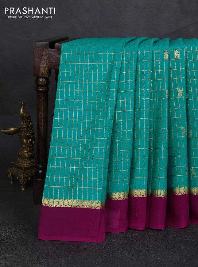 Pure mysore silk sareee teal blue and magenta pink with allover zari woven checked pattern and zari woven simple border