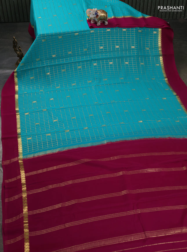 Pure mysore silk sareee teal blue and magenta pink with allover zari woven checked pattern and zari woven simple border