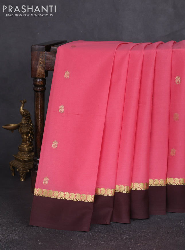 Pure mysore silk sareee peach pink and coffee brown with zari woven buttas and zari woven simple border