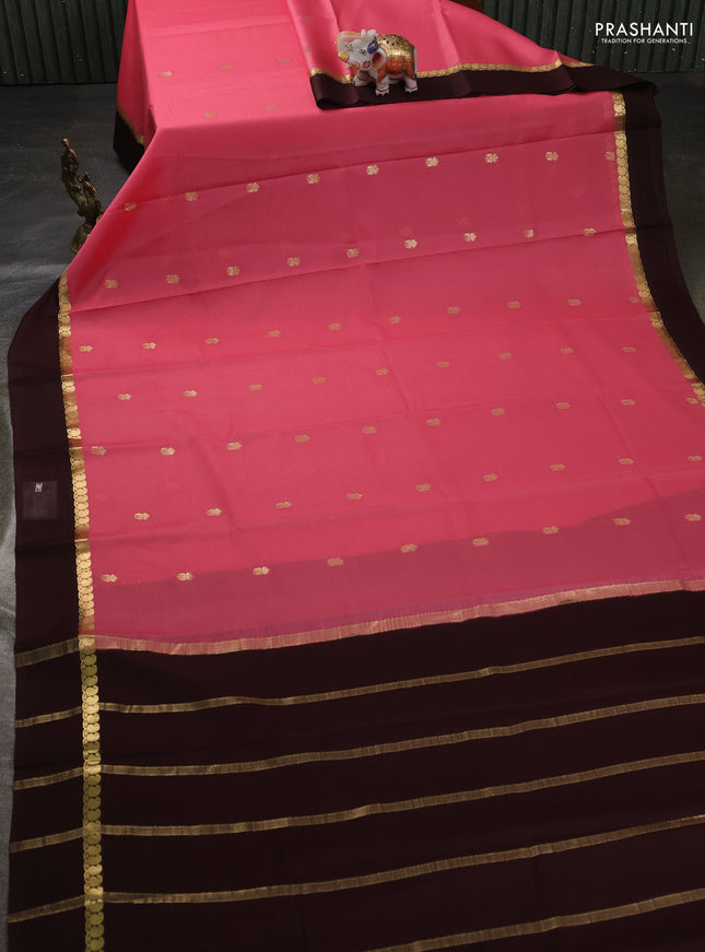 Pure mysore silk sareee peach pink and coffee brown with zari woven buttas and zari woven simple border
